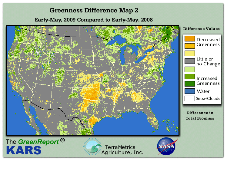 Color-coded U.S. vegetation greeness index map for Period 18 of 2009, illustrating spatial variations in plant vigor, with greener tones indicating higher biomass and browner tones indicating stressed vegetation,
              comparing current crop/vegetation change in biomass to same period from the previous year.