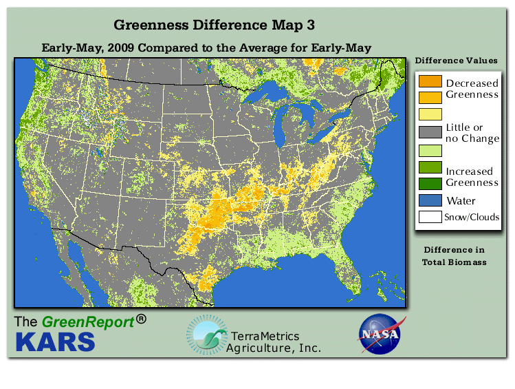 Color-coded U.S. vegetation greeness index map for Period 18 of 2009, illustrating spatial variations in plant vigor, with greener tones indicating higher biomass and browner tones indicating stressed vegetation,
              comparing current crop/vegetation change in biomass to the 20-year greenness average.