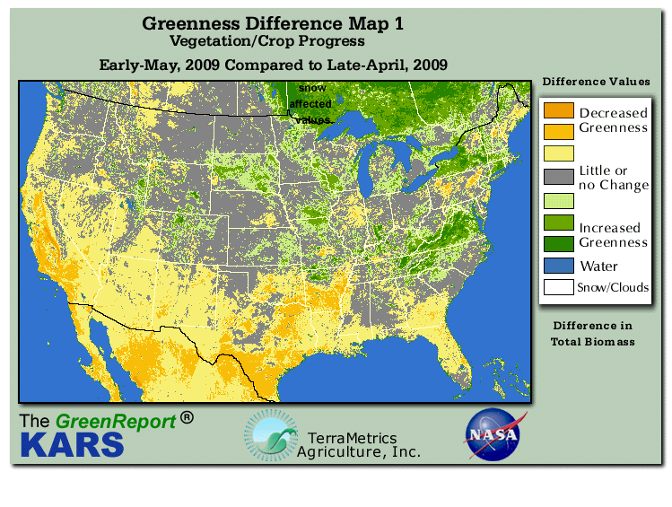 Color-coded U.S. vegetation greeness index map for Period 19 of 2009, illustrating spatial variations in plant vigor, with greener tones indicating higher biomass and browner tones indicating stressed vegetation,
              comparing current crop/vegetation change in biomass to the previous week within the same year.