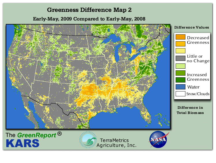 Color-coded U.S. vegetation greeness index map for Period 19 of 2009, illustrating spatial variations in plant vigor, with greener tones indicating higher biomass and browner tones indicating stressed vegetation,
              comparing current crop/vegetation change in biomass to same period from the previous year.