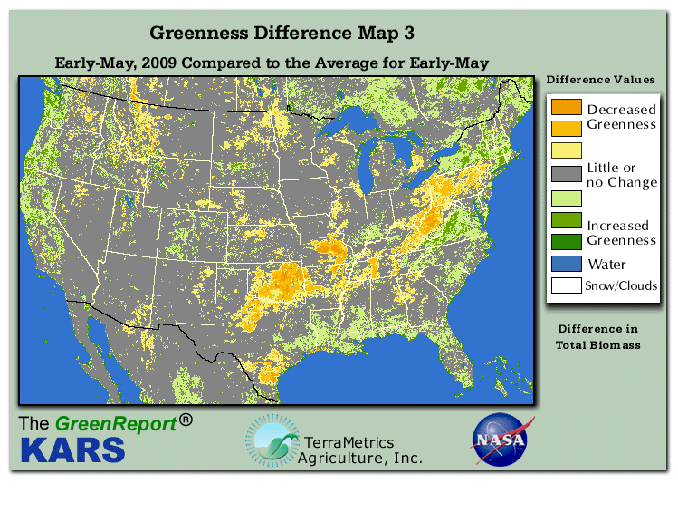 Color-coded U.S. vegetation greeness index map for Period 19 of 2009, illustrating spatial variations in plant vigor, with greener tones indicating higher biomass and browner tones indicating stressed vegetation,
              comparing current crop/vegetation change in biomass to the 20-year greenness average.