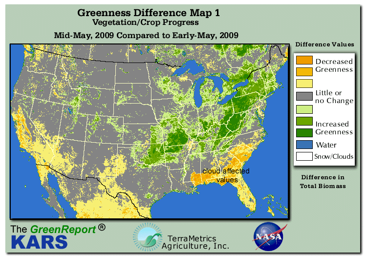 Color-coded U.S. vegetation greeness index map for Period 20 of 2009, illustrating spatial variations in plant vigor, with greener tones indicating higher biomass and browner tones indicating stressed vegetation,
              comparing current crop/vegetation change in biomass to the previous week within the same year.