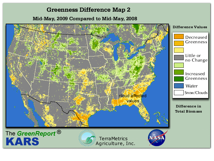 Color-coded U.S. vegetation greeness index map for Period 20 of 2009, illustrating spatial variations in plant vigor, with greener tones indicating higher biomass and browner tones indicating stressed vegetation,
              comparing current crop/vegetation change in biomass to same period from the previous year.