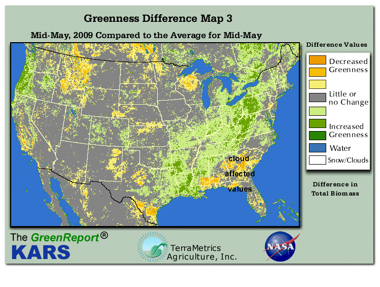 Color-coded U.S. vegetation greeness index map for Period 20 of 2009, illustrating spatial variations in plant vigor, with greener tones indicating higher biomass and browner tones indicating stressed vegetation,
              comparing current crop/vegetation change in biomass to the 20-year greenness average.