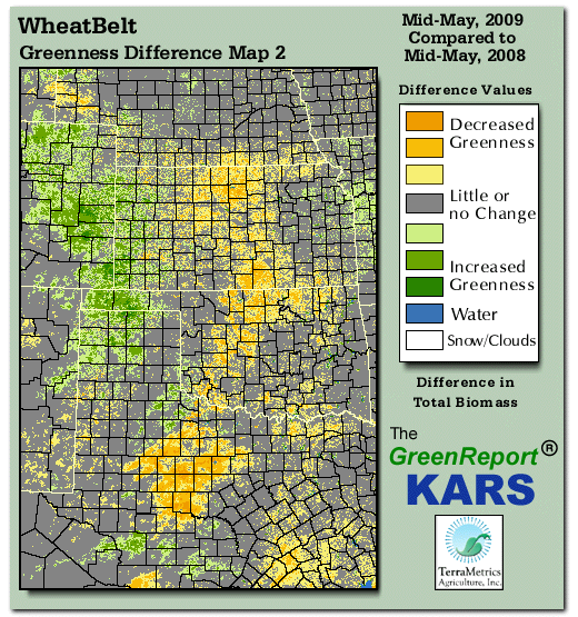 Color-coded Wheat Belt vegetation greeness index map for Period 20 of 2009, illustrating spatial variations in plant vigor, with greener tones indicating higher biomass and browner tones indicating stressed vegetation,
              comparing current crop/vegetation change in biomass to same period from the previous year.