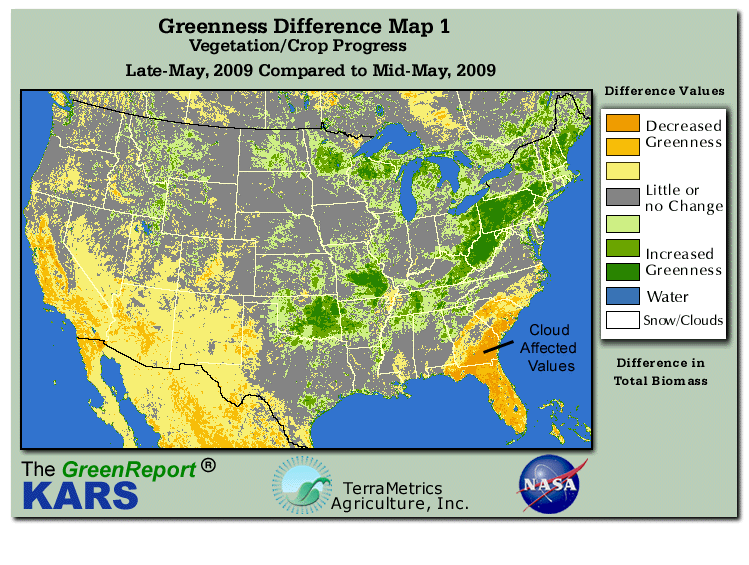 Color-coded U.S. vegetation greeness index map for Period 21 of 2009, illustrating spatial variations in plant vigor, with greener tones indicating higher biomass and browner tones indicating stressed vegetation,
              comparing current crop/vegetation change in biomass to the previous week within the same year.