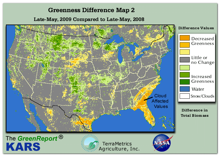 Color-coded U.S. vegetation greeness index map for Period 21 of 2009, illustrating spatial variations in plant vigor, with greener tones indicating higher biomass and browner tones indicating stressed vegetation,
              comparing current crop/vegetation change in biomass to same period from the previous year.