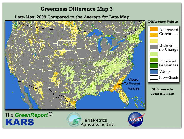 Color-coded U.S. vegetation greeness index map for Period 21 of 2009, illustrating spatial variations in plant vigor, with greener tones indicating higher biomass and browner tones indicating stressed vegetation,
              comparing current crop/vegetation change in biomass to the 20-year greenness average.