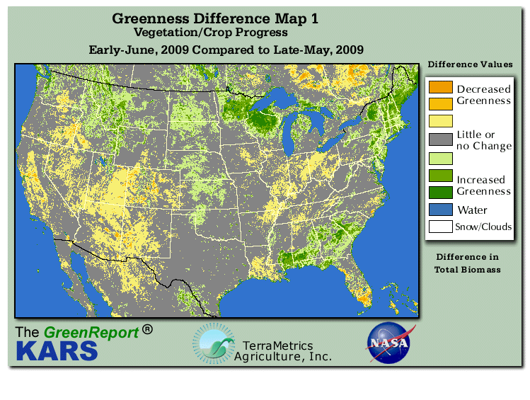 Color-coded U.S. vegetation greeness index map for Period 22 of 2009, illustrating spatial variations in plant vigor, with greener tones indicating higher biomass and browner tones indicating stressed vegetation,
              comparing current crop/vegetation change in biomass to the previous week within the same year.