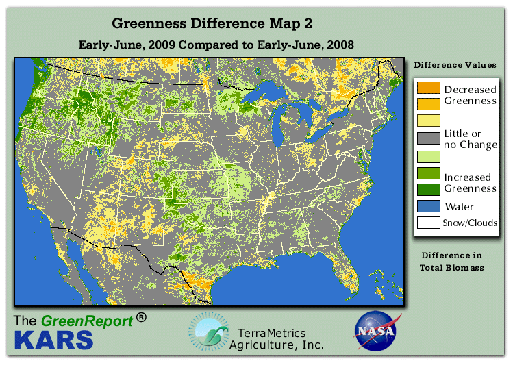 Color-coded U.S. vegetation greeness index map for Period 22 of 2009, illustrating spatial variations in plant vigor, with greener tones indicating higher biomass and browner tones indicating stressed vegetation,
              comparing current crop/vegetation change in biomass to same period from the previous year.