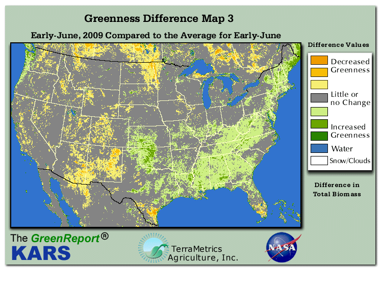 Color-coded U.S. vegetation greeness index map for Period 22 of 2009, illustrating spatial variations in plant vigor, with greener tones indicating higher biomass and browner tones indicating stressed vegetation,
              comparing current crop/vegetation change in biomass to the 20-year greenness average.