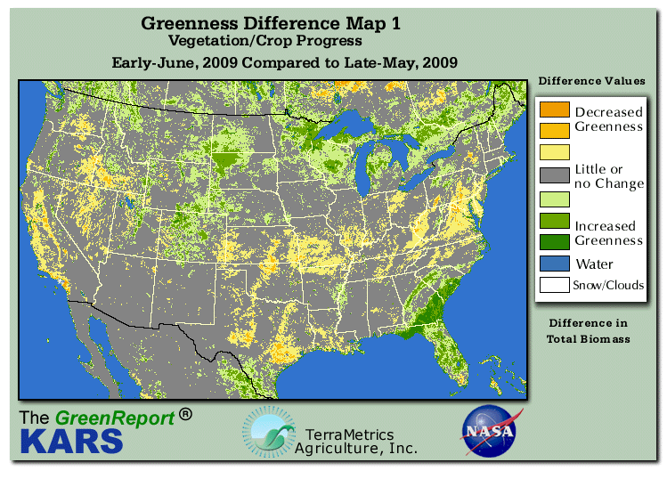 Color-coded U.S. vegetation greeness index map for Period 23 of 2009, illustrating spatial variations in plant vigor, with greener tones indicating higher biomass and browner tones indicating stressed vegetation,
              comparing current crop/vegetation change in biomass to the previous week within the same year.