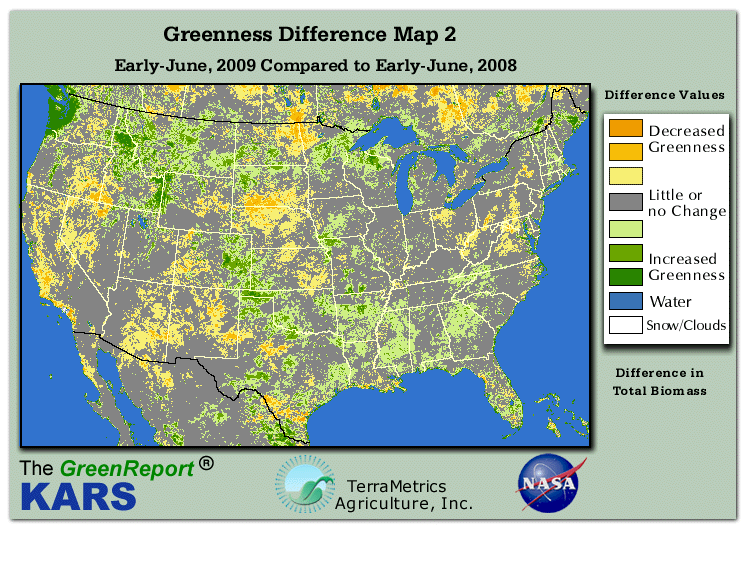 Color-coded U.S. vegetation greeness index map for Period 23 of 2009, illustrating spatial variations in plant vigor, with greener tones indicating higher biomass and browner tones indicating stressed vegetation,
              comparing current crop/vegetation change in biomass to same period from the previous year.