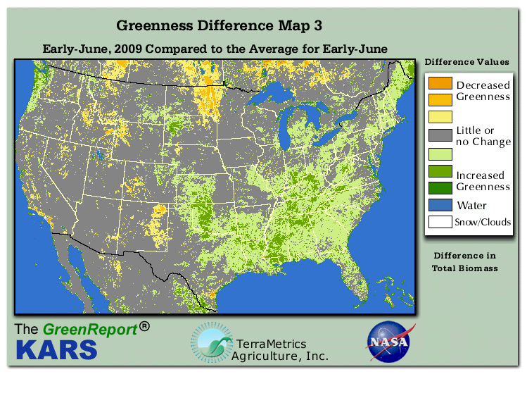 Color-coded U.S. vegetation greeness index map for Period 23 of 2009, illustrating spatial variations in plant vigor, with greener tones indicating higher biomass and browner tones indicating stressed vegetation,
              comparing current crop/vegetation change in biomass to the 20-year greenness average.