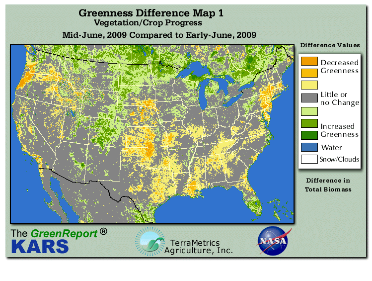 Color-coded U.S. vegetation greeness index map for Period 24 of 2009, illustrating spatial variations in plant vigor, with greener tones indicating higher biomass and browner tones indicating stressed vegetation,
              comparing current crop/vegetation change in biomass to the previous week within the same year.