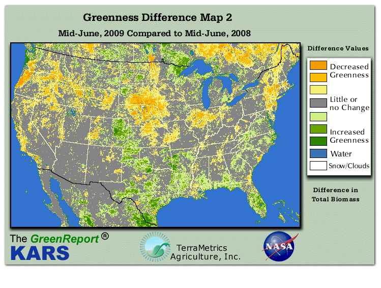 Color-coded U.S. vegetation greeness index map for Period 24 of 2009, illustrating spatial variations in plant vigor, with greener tones indicating higher biomass and browner tones indicating stressed vegetation,
              comparing current crop/vegetation change in biomass to same period from the previous year.
