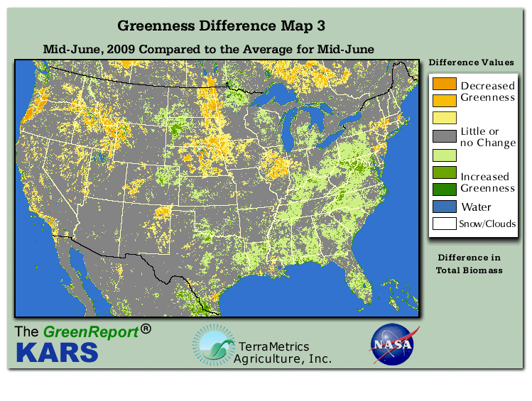 Color-coded U.S. vegetation greeness index map for Period 24 of 2009, illustrating spatial variations in plant vigor, with greener tones indicating higher biomass and browner tones indicating stressed vegetation,
              comparing current crop/vegetation change in biomass to the 20-year greenness average.