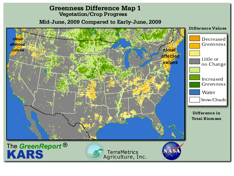 Color-coded U.S. vegetation greeness index map for Period 25 of 2009, illustrating spatial variations in plant vigor, with greener tones indicating higher biomass and browner tones indicating stressed vegetation,
              comparing current crop/vegetation change in biomass to the previous week within the same year.