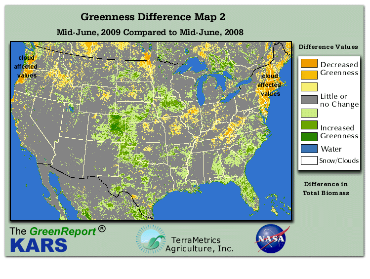 Color-coded U.S. vegetation greeness index map for Period 25 of 2009, illustrating spatial variations in plant vigor, with greener tones indicating higher biomass and browner tones indicating stressed vegetation,
              comparing current crop/vegetation change in biomass to same period from the previous year.