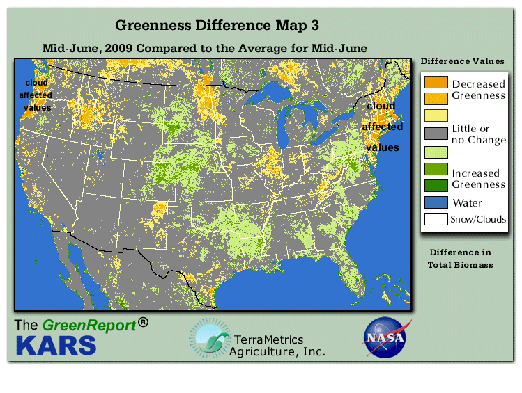 Color-coded U.S. vegetation greeness index map for Period 25 of 2009, illustrating spatial variations in plant vigor, with greener tones indicating higher biomass and browner tones indicating stressed vegetation,
              comparing current crop/vegetation change in biomass to the 20-year greenness average.