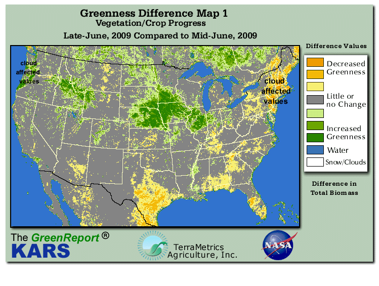 Color-coded U.S. vegetation greeness index map for Period 26 of 2009, illustrating spatial variations in plant vigor, with greener tones indicating higher biomass and browner tones indicating stressed vegetation,
              comparing current crop/vegetation change in biomass to the previous week within the same year.