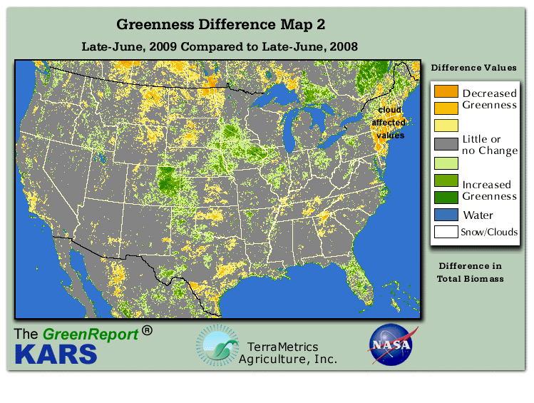 Color-coded U.S. vegetation greeness index map for Period 26 of 2009, illustrating spatial variations in plant vigor, with greener tones indicating higher biomass and browner tones indicating stressed vegetation,
              comparing current crop/vegetation change in biomass to same period from the previous year.