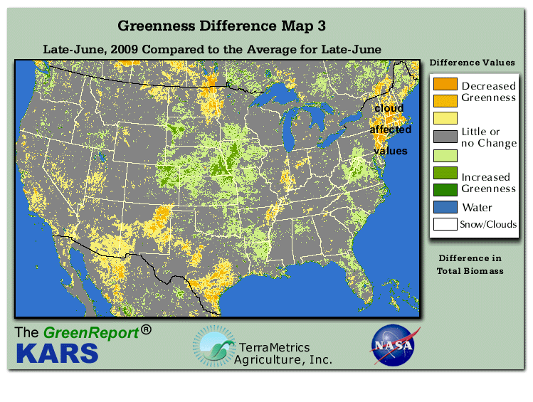 Color-coded U.S. vegetation greeness index map for Period 26 of 2009, illustrating spatial variations in plant vigor, with greener tones indicating higher biomass and browner tones indicating stressed vegetation,
              comparing current crop/vegetation change in biomass to the 20-year greenness average.