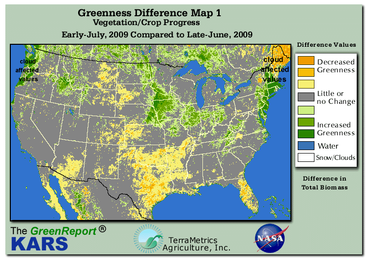 Color-coded U.S. vegetation greeness index map for Period 27 of 2009, illustrating spatial variations in plant vigor, with greener tones indicating higher biomass and browner tones indicating stressed vegetation,
              comparing current crop/vegetation change in biomass to the previous week within the same year.