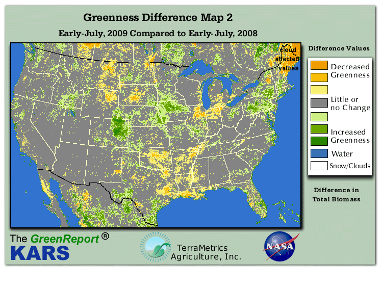 Color-coded U.S. vegetation greeness index map for Period 27 of 2009, illustrating spatial variations in plant vigor, with greener tones indicating higher biomass and browner tones indicating stressed vegetation,
              comparing current crop/vegetation change in biomass to same period from the previous year.