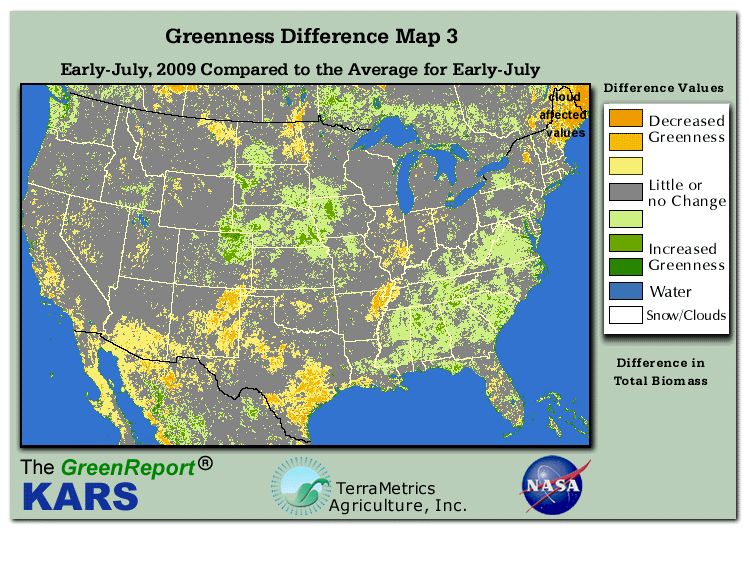 Color-coded U.S. vegetation greeness index map for Period 27 of 2009, illustrating spatial variations in plant vigor, with greener tones indicating higher biomass and browner tones indicating stressed vegetation,
              comparing current crop/vegetation change in biomass to the 20-year greenness average.