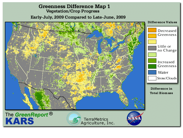 Color-coded U.S. vegetation greeness index map for Period 28 of 2009, illustrating spatial variations in plant vigor, with greener tones indicating higher biomass and browner tones indicating stressed vegetation,
              comparing current crop/vegetation change in biomass to the previous week within the same year.
