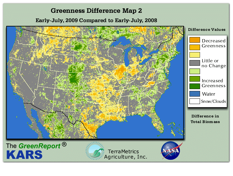 Color-coded U.S. vegetation greeness index map for Period 28 of 2009, illustrating spatial variations in plant vigor, with greener tones indicating higher biomass and browner tones indicating stressed vegetation,
              comparing current crop/vegetation change in biomass to same period from the previous year.