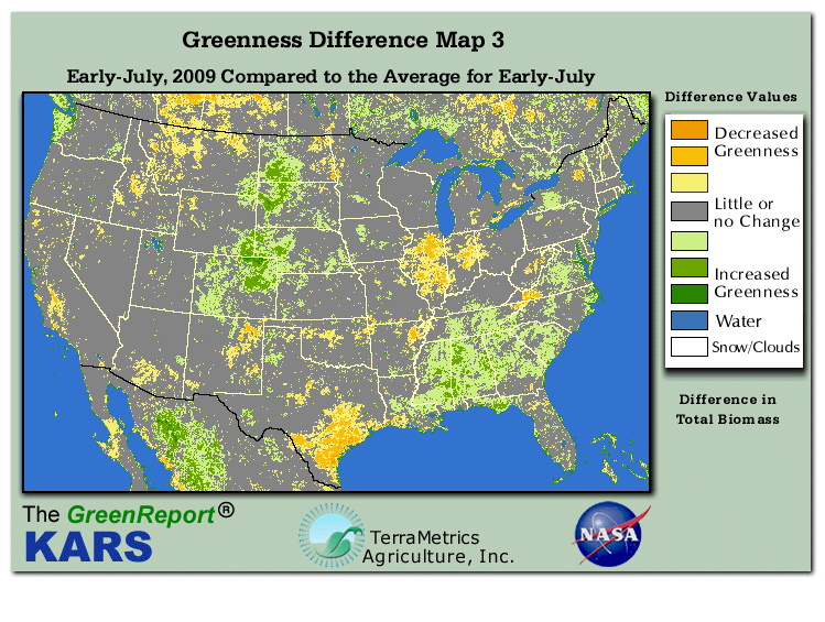 Color-coded U.S. vegetation greeness index map for Period 28 of 2009, illustrating spatial variations in plant vigor, with greener tones indicating higher biomass and browner tones indicating stressed vegetation,
              comparing current crop/vegetation change in biomass to the 20-year greenness average.