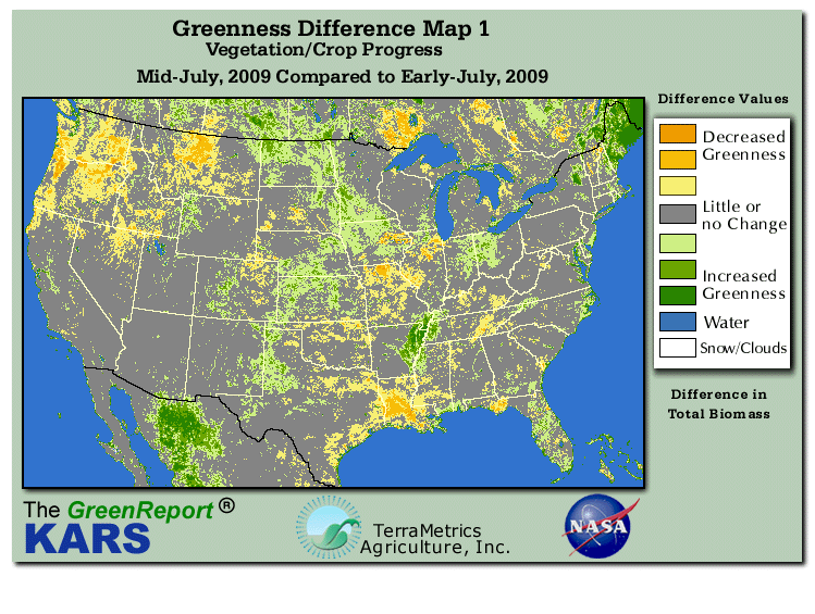 Color-coded U.S. vegetation greeness index map for Period 29 of 2009, illustrating spatial variations in plant vigor, with greener tones indicating higher biomass and browner tones indicating stressed vegetation,
              comparing current crop/vegetation change in biomass to the previous week within the same year.