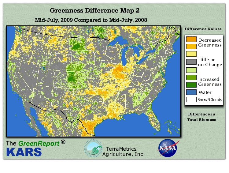 Color-coded U.S. vegetation greeness index map for Period 29 of 2009, illustrating spatial variations in plant vigor, with greener tones indicating higher biomass and browner tones indicating stressed vegetation,
              comparing current crop/vegetation change in biomass to same period from the previous year.