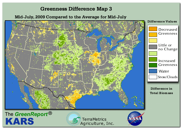 Color-coded U.S. vegetation greeness index map for Period 29 of 2009, illustrating spatial variations in plant vigor, with greener tones indicating higher biomass and browner tones indicating stressed vegetation,
              comparing current crop/vegetation change in biomass to the 20-year greenness average.