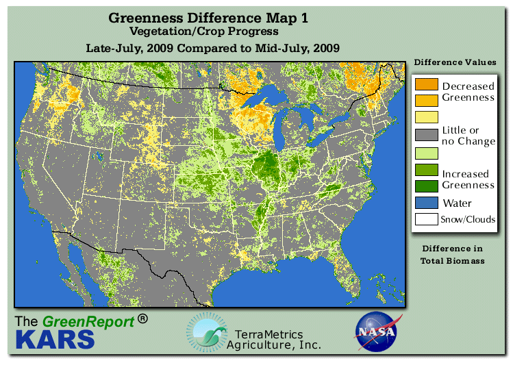 Color-coded U.S. vegetation greeness index map for Period 30 of 2009, illustrating spatial variations in plant vigor, with greener tones indicating higher biomass and browner tones indicating stressed vegetation,
              comparing current crop/vegetation change in biomass to the previous week within the same year.