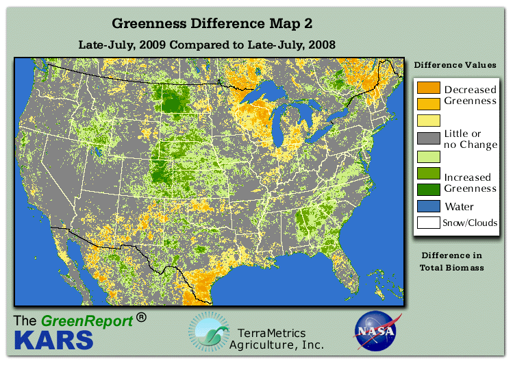 Color-coded U.S. vegetation greeness index map for Period 30 of 2009, illustrating spatial variations in plant vigor, with greener tones indicating higher biomass and browner tones indicating stressed vegetation,
              comparing current crop/vegetation change in biomass to same period from the previous year.
