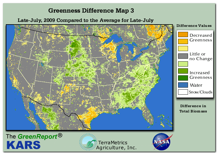 Color-coded U.S. vegetation greeness index map for Period 30 of 2009, illustrating spatial variations in plant vigor, with greener tones indicating higher biomass and browner tones indicating stressed vegetation,
              comparing current crop/vegetation change in biomass to the 20-year greenness average.
