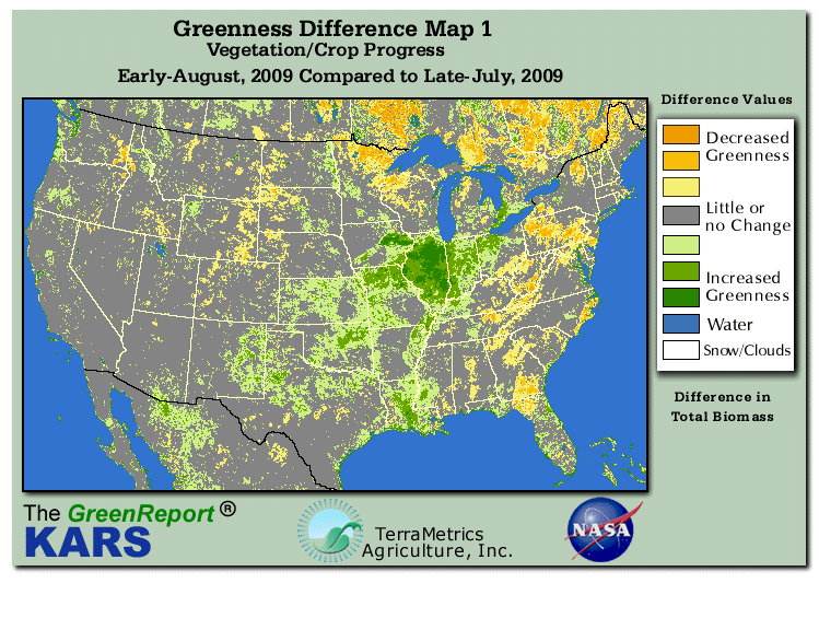 Color-coded U.S. vegetation greeness index map for Period 31 of 2009, illustrating spatial variations in plant vigor, with greener tones indicating higher biomass and browner tones indicating stressed vegetation,
              comparing current crop/vegetation change in biomass to the previous week within the same year.