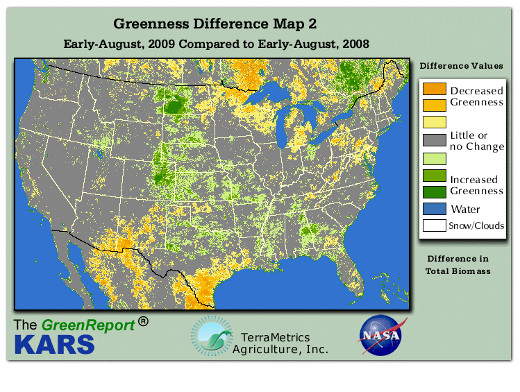 Color-coded U.S. vegetation greeness index map for Period 31 of 2009, illustrating spatial variations in plant vigor, with greener tones indicating higher biomass and browner tones indicating stressed vegetation,
              comparing current crop/vegetation change in biomass to same period from the previous year.