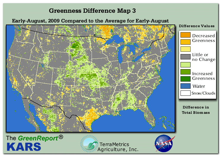 Color-coded U.S. vegetation greeness index map for Period 31 of 2009, illustrating spatial variations in plant vigor, with greener tones indicating higher biomass and browner tones indicating stressed vegetation,
              comparing current crop/vegetation change in biomass to the 20-year greenness average.