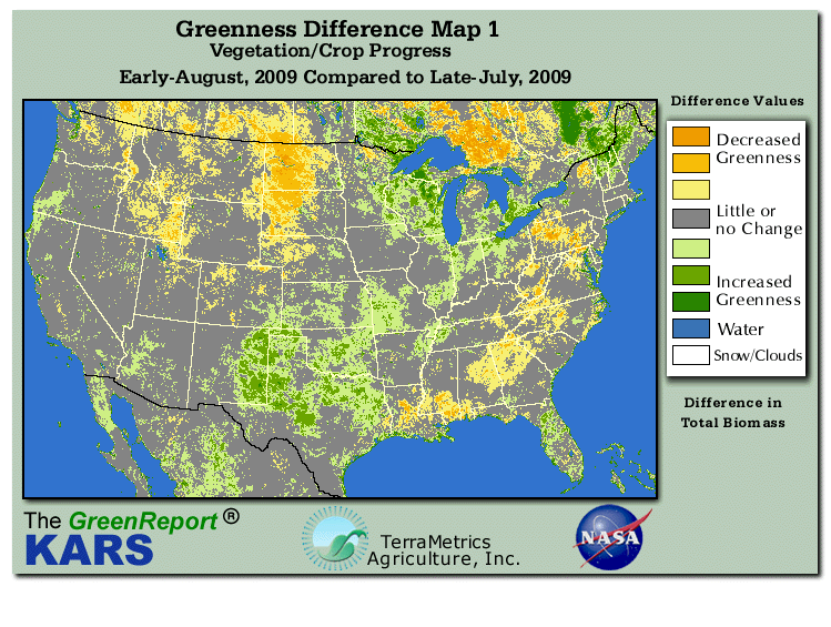 Color-coded U.S. vegetation greeness index map for Period 32 of 2009, illustrating spatial variations in plant vigor, with greener tones indicating higher biomass and browner tones indicating stressed vegetation,
              comparing current crop/vegetation change in biomass to the previous week within the same year.