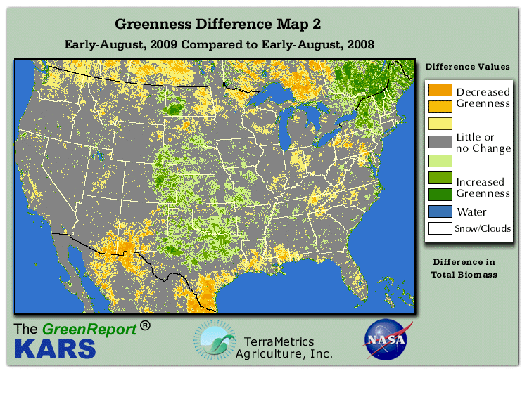 Color-coded U.S. vegetation greeness index map for Period 32 of 2009, illustrating spatial variations in plant vigor, with greener tones indicating higher biomass and browner tones indicating stressed vegetation,
              comparing current crop/vegetation change in biomass to same period from the previous year.