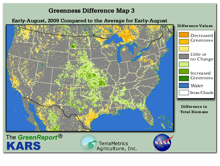 Color-coded U.S. vegetation greeness index map for Period 32 of 2009, illustrating spatial variations in plant vigor, with greener tones indicating higher biomass and browner tones indicating stressed vegetation,
              comparing current crop/vegetation change in biomass to the 20-year greenness average.