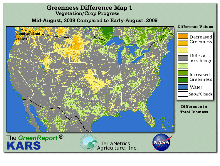 Color-coded U.S. vegetation greeness index map for Period 33 of 2009, illustrating spatial variations in plant vigor, with greener tones indicating higher biomass and browner tones indicating stressed vegetation,
              comparing current crop/vegetation change in biomass to the previous week within the same year.