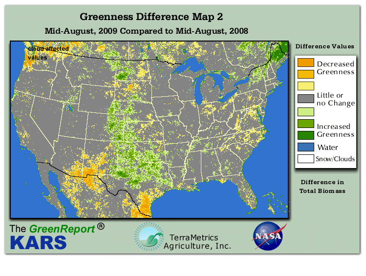 Color-coded U.S. vegetation greeness index map for Period 33 of 2009, illustrating spatial variations in plant vigor, with greener tones indicating higher biomass and browner tones indicating stressed vegetation,
              comparing current crop/vegetation change in biomass to same period from the previous year.