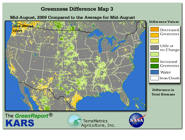 Color-coded U.S. vegetation greeness index map for Period 33 of 2009, illustrating spatial variations in plant vigor, with greener tones indicating higher biomass and browner tones indicating stressed vegetation,
              comparing current crop/vegetation change in biomass to the 20-year greenness average.