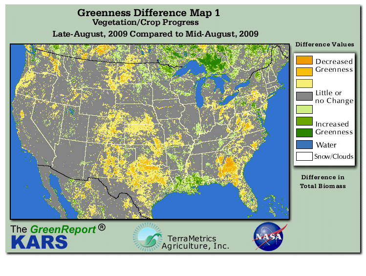 Color-coded U.S. vegetation greeness index map for Period 34 of 2009, illustrating spatial variations in plant vigor, with greener tones indicating higher biomass and browner tones indicating stressed vegetation,
              comparing current crop/vegetation change in biomass to the previous week within the same year.