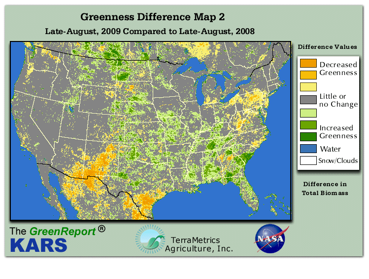 Color-coded U.S. vegetation greeness index map for Period 34 of 2009, illustrating spatial variations in plant vigor, with greener tones indicating higher biomass and browner tones indicating stressed vegetation,
              comparing current crop/vegetation change in biomass to same period from the previous year.